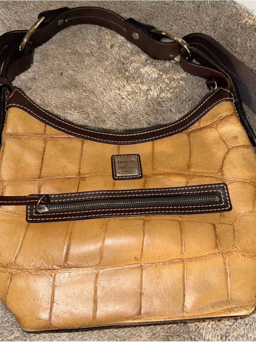 Dooney & Bourke Tan Croc-Embossed Shoulder Bag with Dark Brown Trim